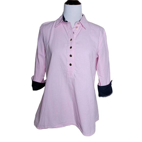Haley and the Hound Check Button Down Roll Sleeve Shirt Pink White Navy Medium - Picture 1 of 10